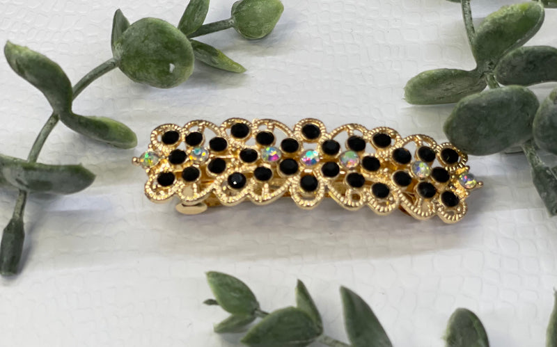 Black Crystal rhinestone barrette approximately 3.0” gold tone formal hair accessories gift wedding bridesmaid