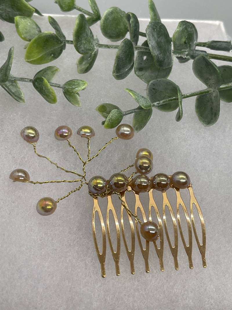 Champagne iridescent faux Pearl 2.0” gold tone bridal side Comb accents vine handmade by hairdazzzel wedding accessory bride princess gifts