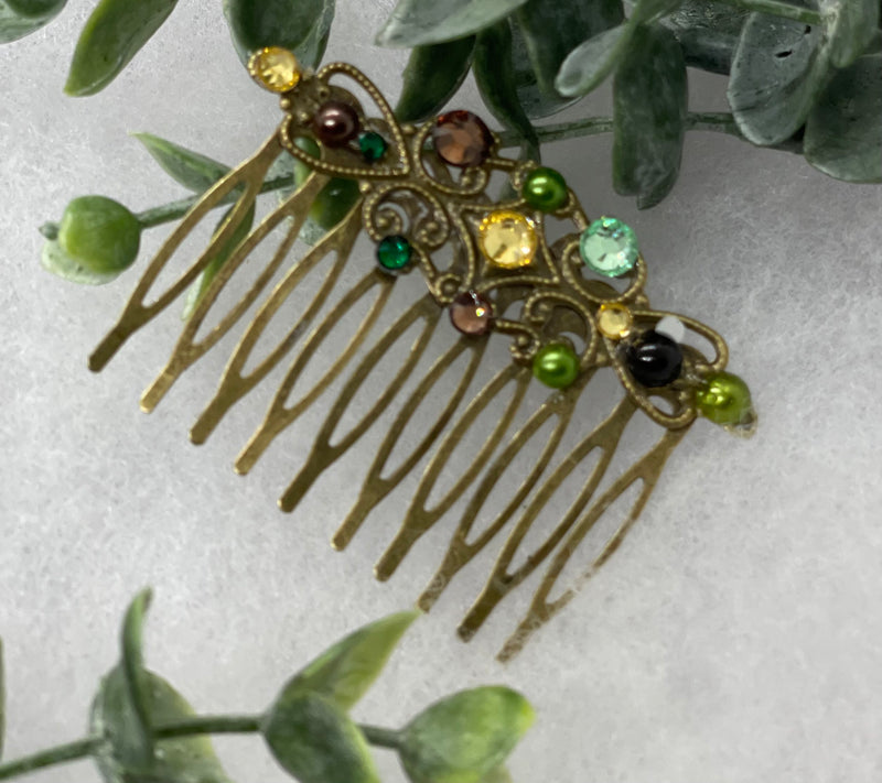 Camouflage crystal rhinestone pearl vintage style antique  hair accessories gift birthday event formal bridesmaid  2.5” Metal side Comb