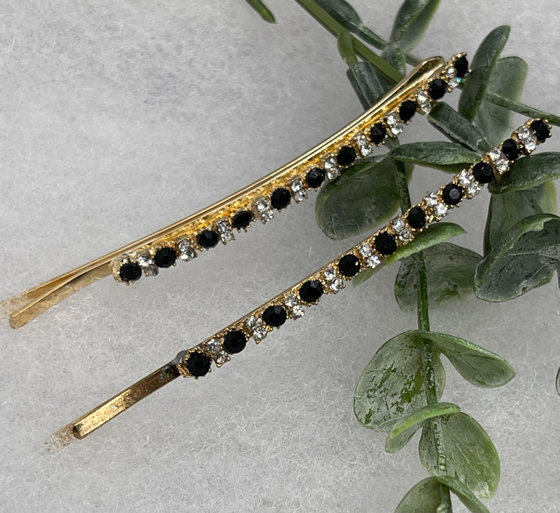 Black crystal rhinestone approximately 3.5” large gold tone hair pins 2 pc set wedding bridal shower engagement formal princess accessory accessories