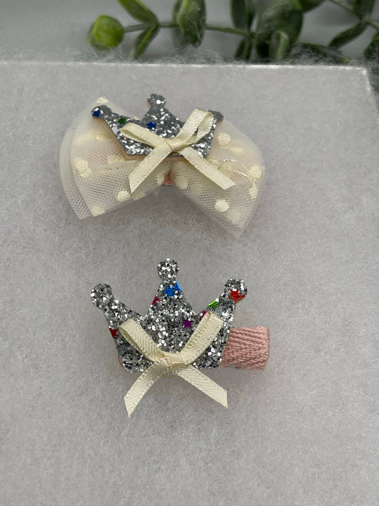 Beige Bow crown Girls hair clips 2 pc set pink 1.0” 1.5” alligator clips girls little girls hair accessory accessories jewelry
