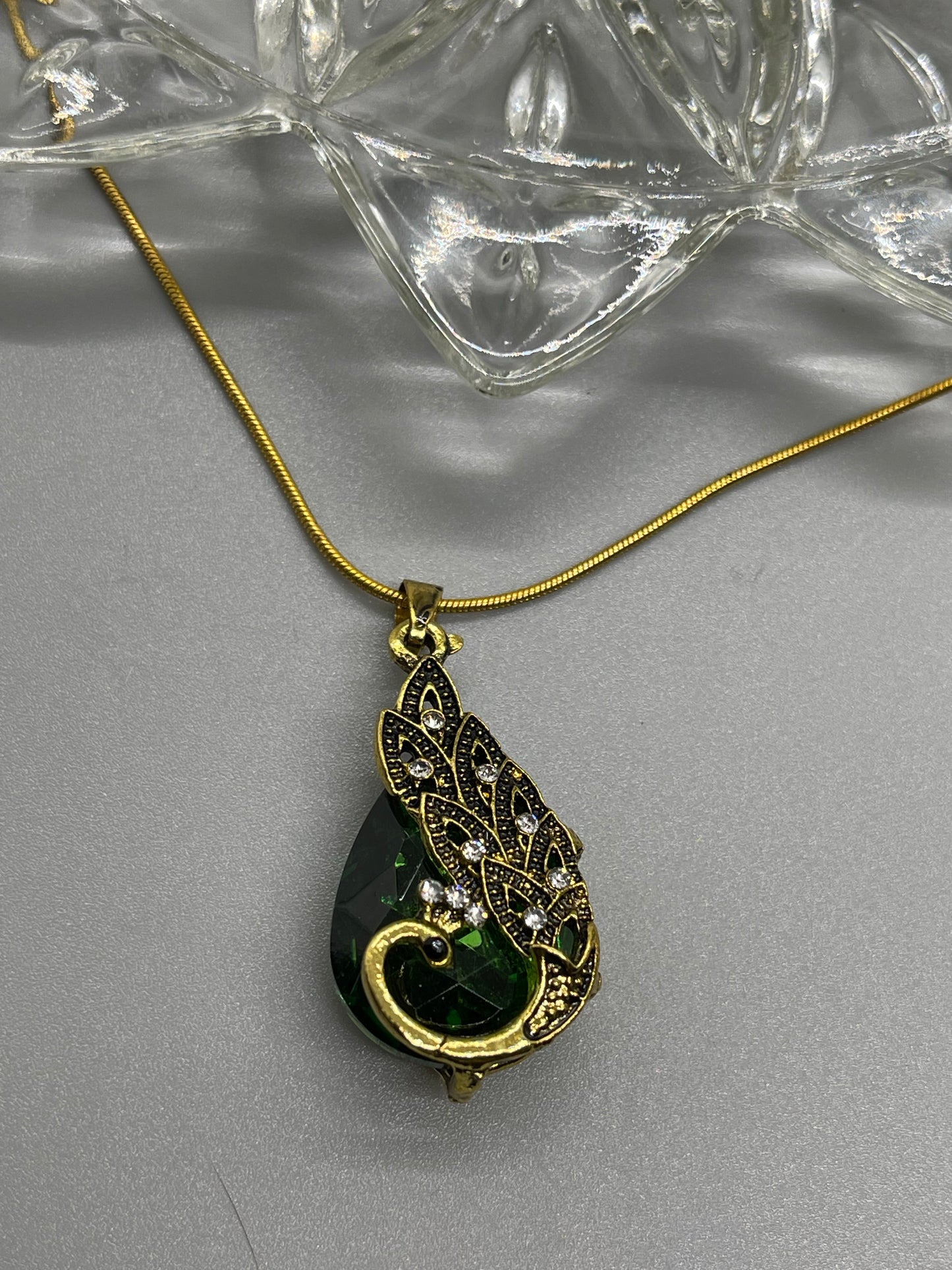 Green peacock crystal rhinestone necklace earrings set 17.7” wedding formal accessory gift bridal shower engagement accessory