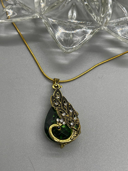 Green peacock crystal rhinestone necklace earrings set 17.7” wedding formal accessory gift bridal shower engagement accessory