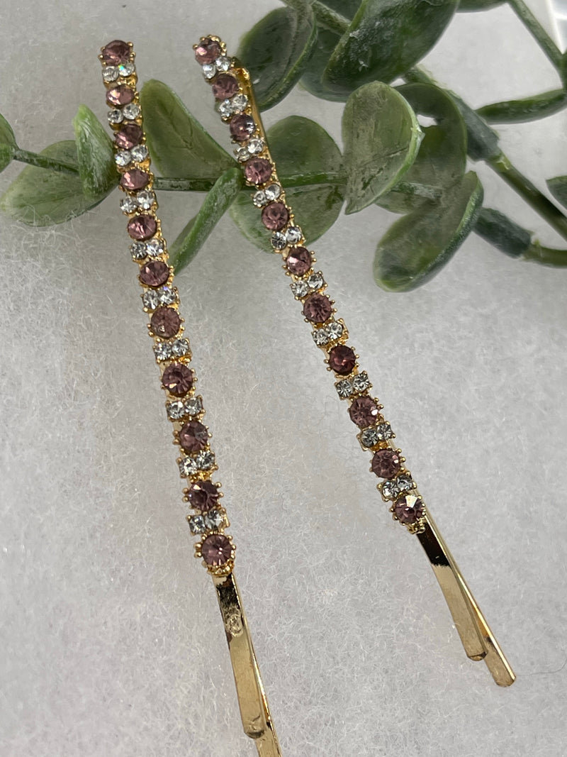 Mauve crystal rhinestone approximately 3.5” large gold tone hair pins 2 pc set wedding bridal shower engagement formal princess accessory accessories