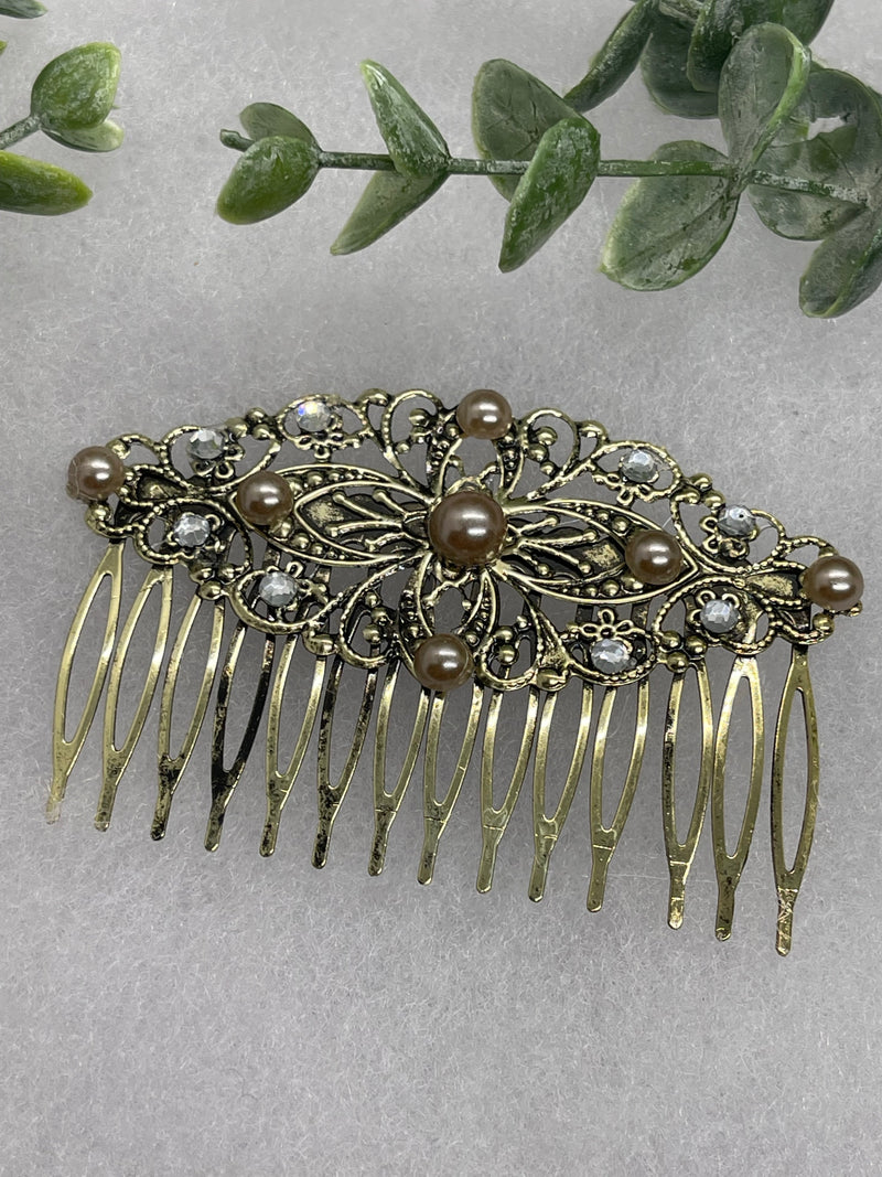 Champagne crystal Pearl vintage style silver tone side comb hair accessory accessories gift birthday event formal bridesmaid wedding