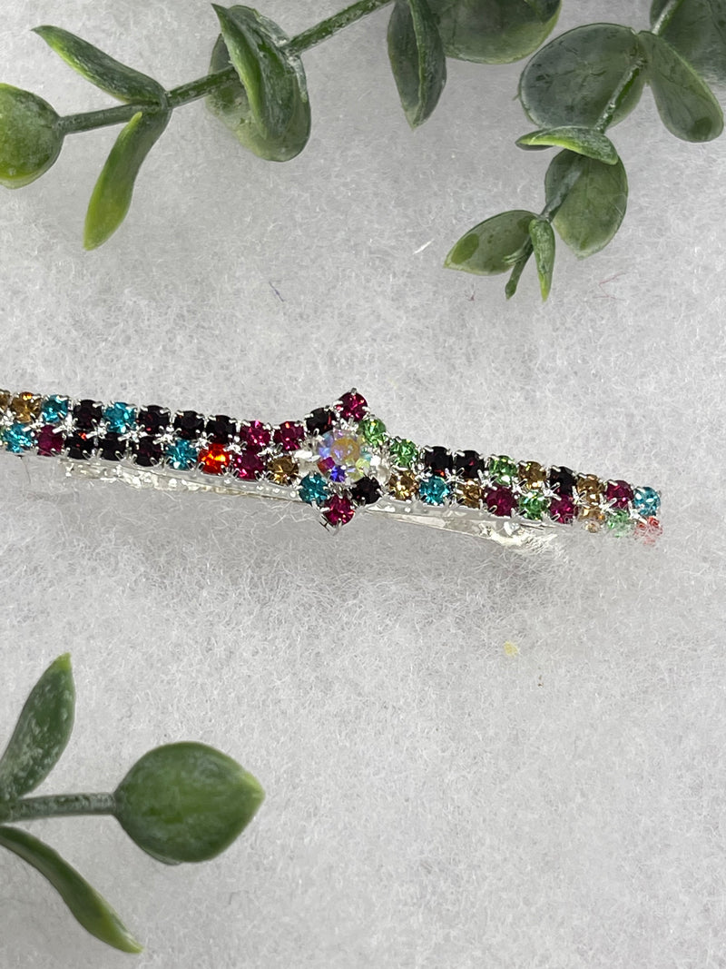 Rainbow Crystal Rhinestone  barrette approximately 3.0” silver tone formal hair accessory gift wedding bridal Hair accessory