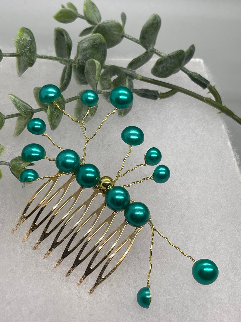 Teal faux Pearl 2.0” gold tone bridal side Comb accents vine handmade by hairdazzzel wedding accessory bride princess