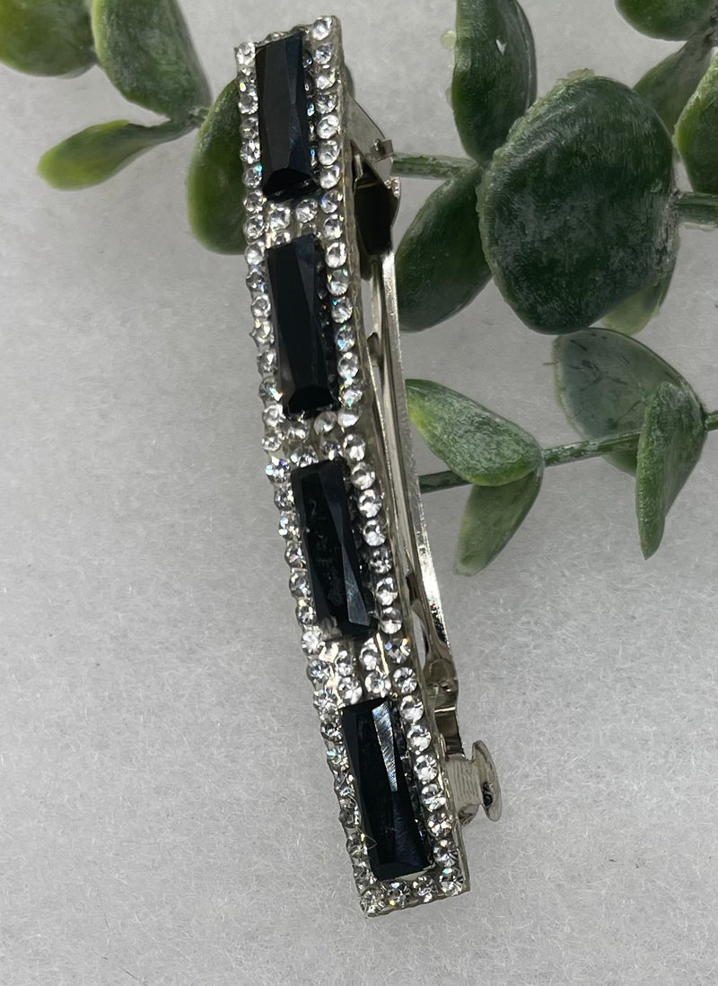 Black silver Acrylic rhinestone silver tone hair clip barrettes approximately 3.0” long hair accessory bridal wedding