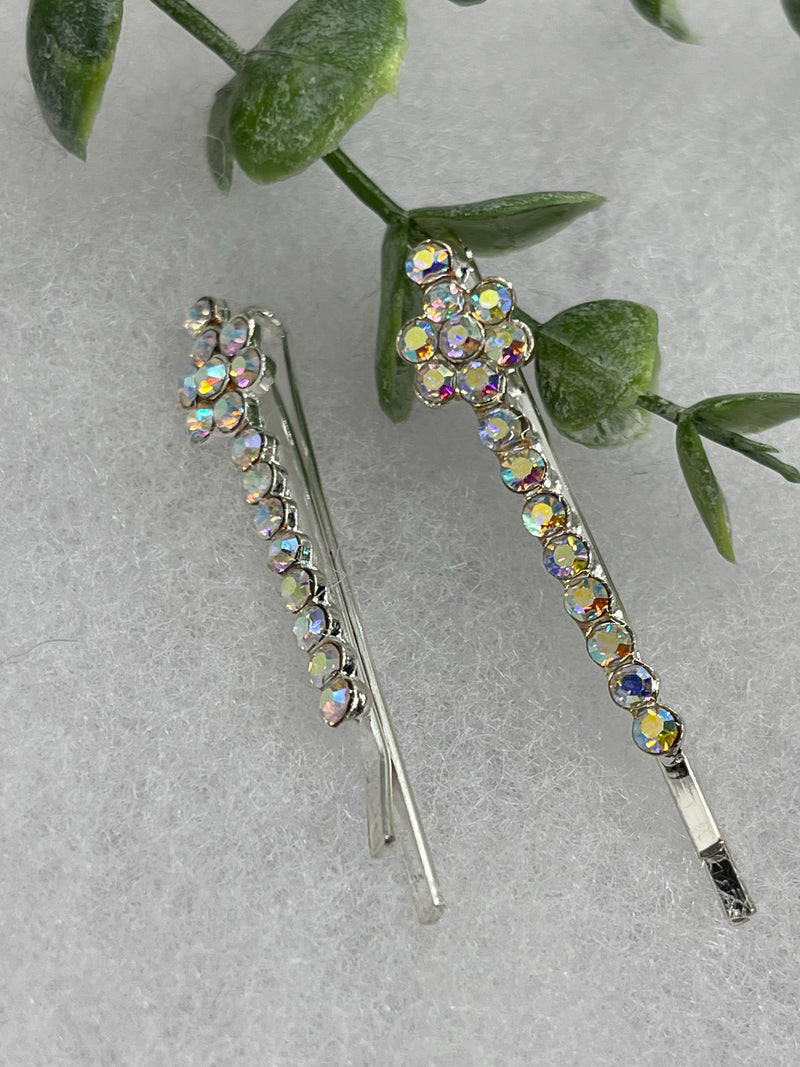 Iridescent crystal rhinestone approximately 2.0” silver tone hair pins 2 pc set wedding bridal shower engagement formal princess accessory accessories