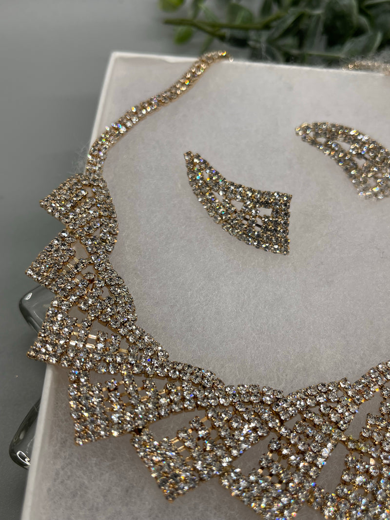 Elegant crystal rhinestone gold necklace Rhinestone Jewelry Sets earring necklace wedding engagement Length:Approx 17.5 “