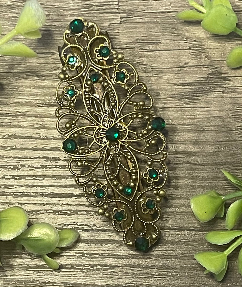 Emerald green crystal barrette Vintage Style 3.5”antique tone Metal bridal wedding shower birthday princess prom