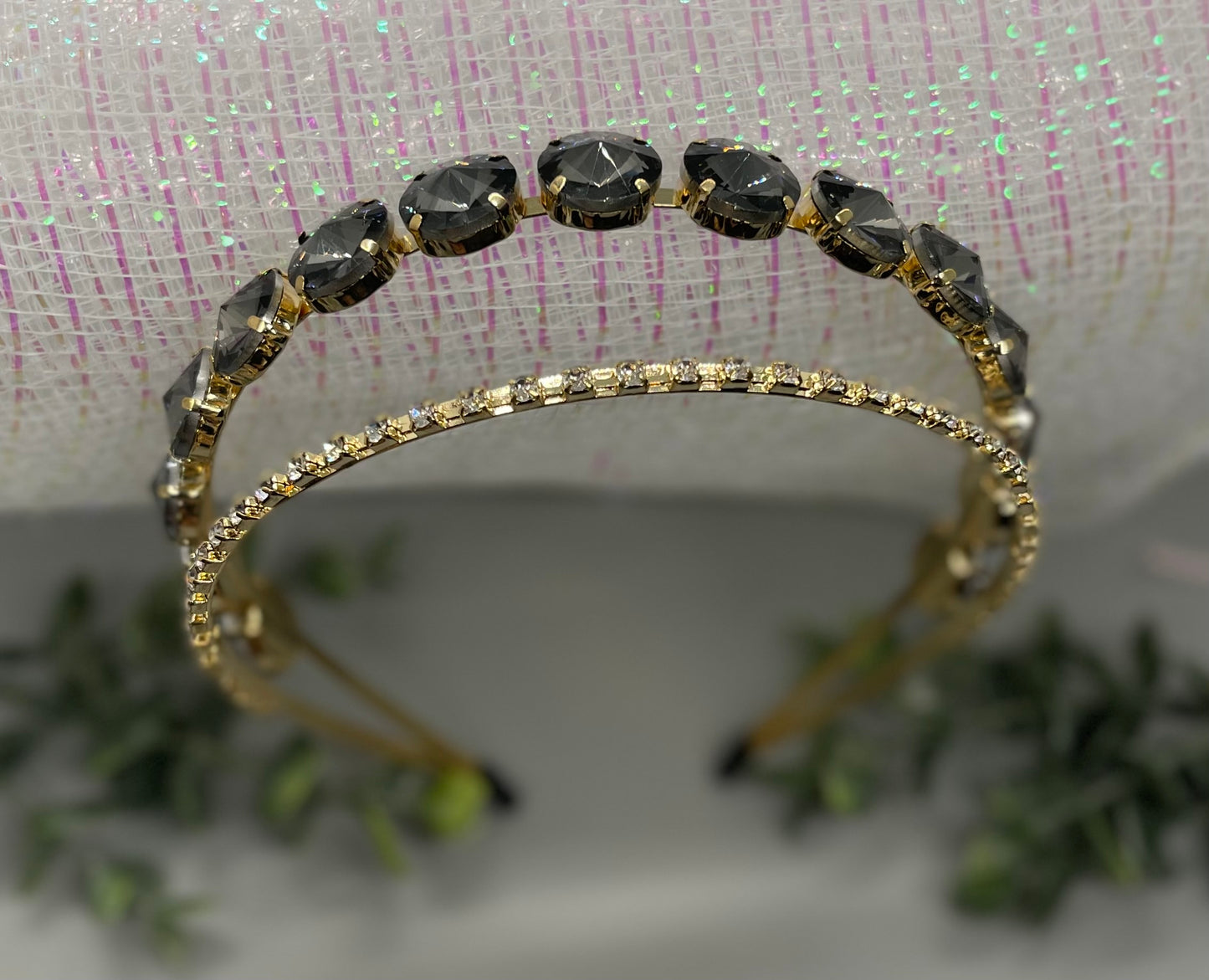 Gray crystal rhinestone luxe headband Elegant formal princess wedding engagement birthday bridesmaid sweet 16 hair accessory