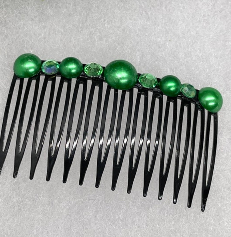 Emerald Green faux Pearl crystal side comb approximately 3.5” long plastic hair accessory bridal wedding Retro