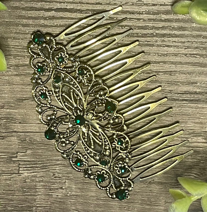 Emerald crystal rhinestone Comb on 3.5” antique Metal Hair Comb accessory Handmade Retro Bridal Prom