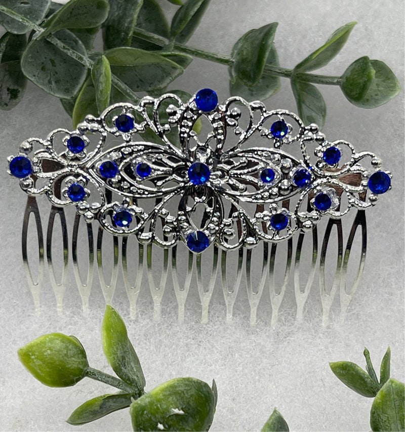 Royal Blue crystal Rhinestone 3.5”” silver side comb hair accessory wedding Retro Bridal Party Prom Birthday gifts sweet 16