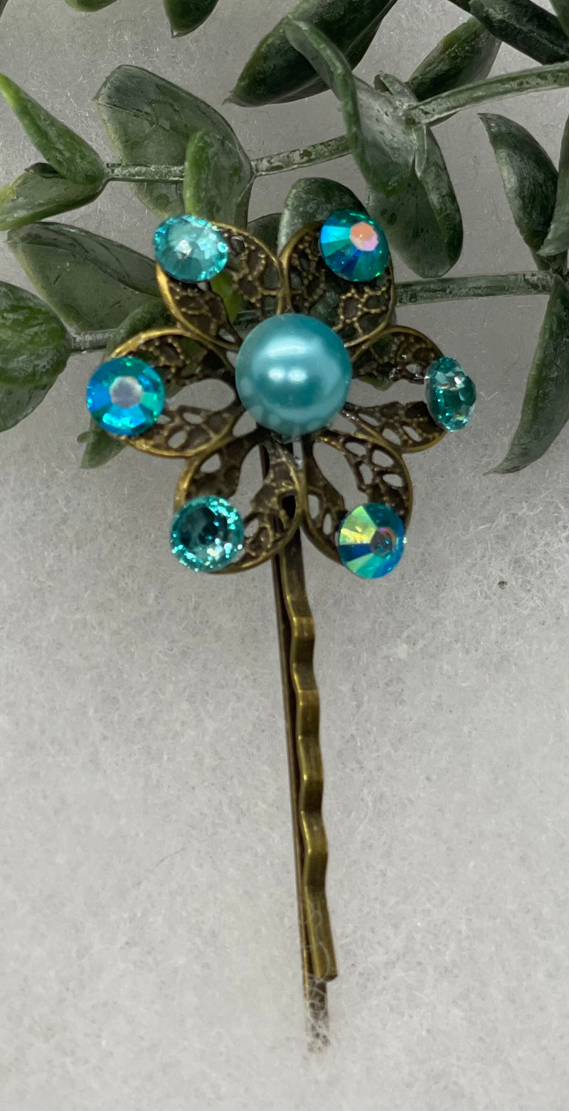 Blue Teal crystal iridescent pearl Antique vintage Style approximately 3.0” flower hair pin wedding engagement bride princess formal hair accessory