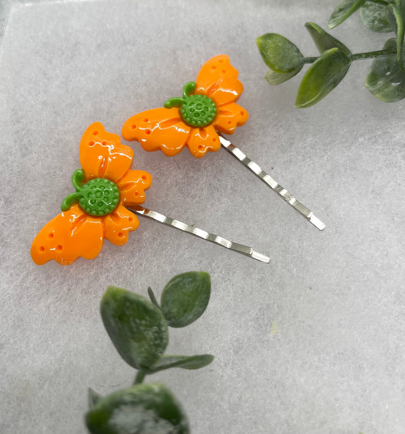 2 pc Orange Butterfly hair pins approximately 2.0”silver tone formal hair accessory gift wedding bridal Hair accessory