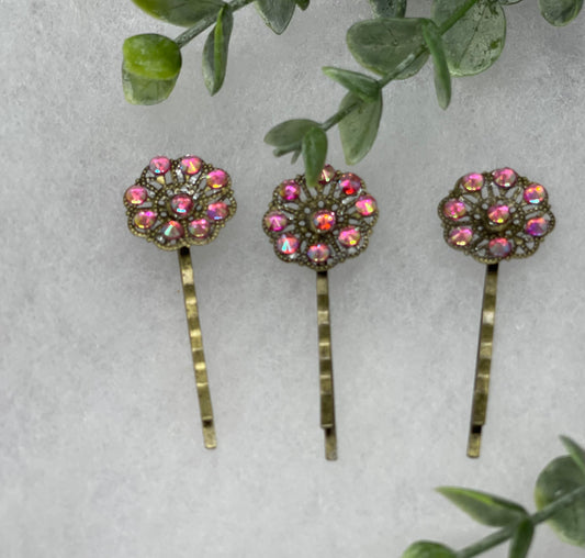 Pink rainbow  crystal  3 pc set Antique vintage Style approximately 3.0” flower hair pin wedding engagement bride princess formal hair accessories