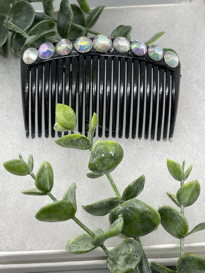 iridescent faux crystal rhinestone side comb 3.5” black plastic hair accessory bridal wedding Retro Bridal Party Prom Birthday gifts