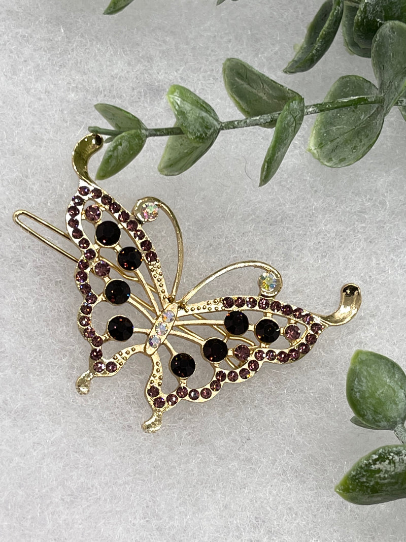 Purple gold butterfly Crystal Rhinestone Barrette approximately 3.5”Metal gold tone formal hair accessory