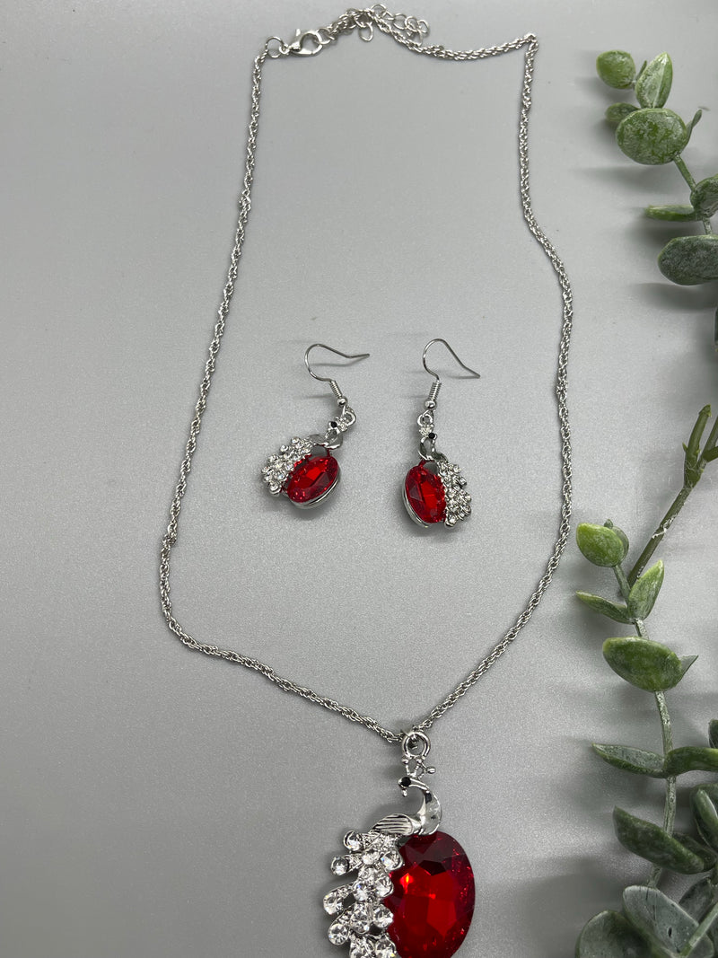 Ruby Red silver rhinestone crystal necklace earrings set engagement formal accessory bride princess jewelry