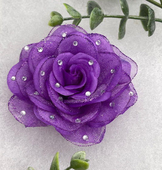 Purple Rose flower crystal rhinestone embellished alligator clip approximately 3.0” formal hair accessory wedding bridal engagement princess bridesmaid