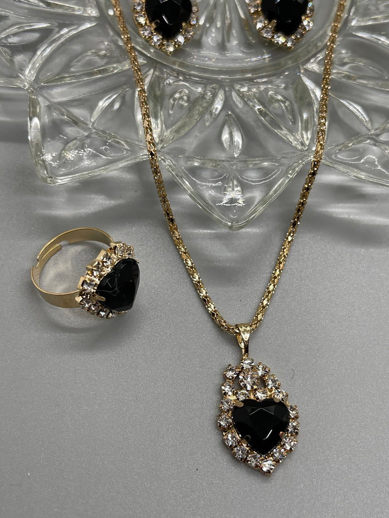 Black crystal rhinestone hearts 4 pc set gold necklace earrings ring set