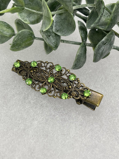 Green crystal rhinestone 2.5” alligator clip  Antique vintage style bridal Wedding shower sweet 16 birthday princess bridesmaid hair accessory