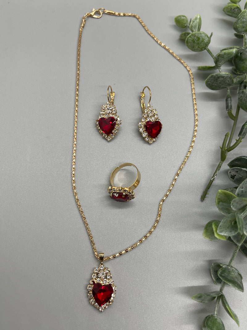 Red Crystal Jewelry Sets finger ring earring necklace Zinc Alloy Crystal Heart 3 pieces