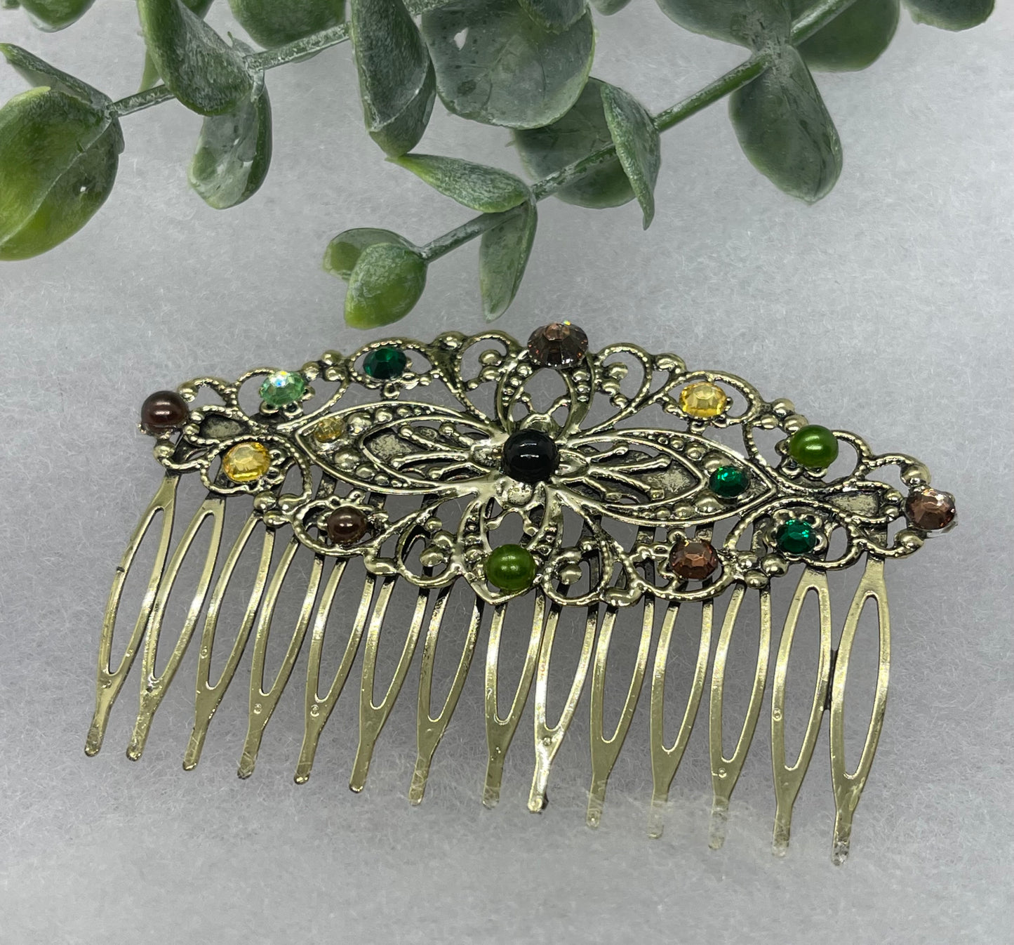 Camouflage Crystal vintage antique style leaf side hair comb approximately 3.5” long  Handmade hair accessory brida