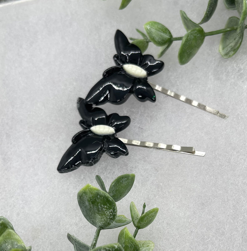 2 pc black white Butterfly hair pins approximately 2.0”silver tone formal hair accessory gift wedding bridal Hair accessory