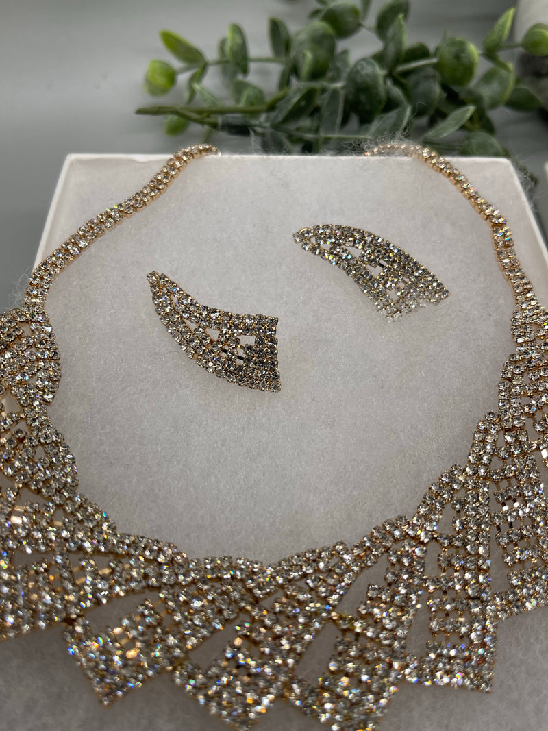 Elegant crystal rhinestone gold necklace Rhinestone Jewelry Sets earring necklace wedding engagement Length:Approx 17.5 “