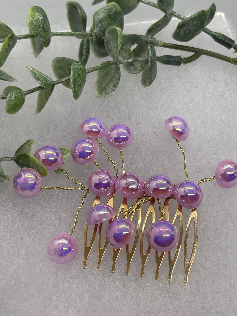 Lavender  faux Pearl 2.0” gold tone bridal side Comb accents vine handmade by hairdazzzel wedding accessory bride princess gifts