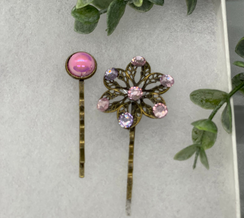 Pink purple crystal pearl  2 pc set Antique vintage Style approximately 3.0” flower hair pin wedding engagement bride princess formal hair accessor