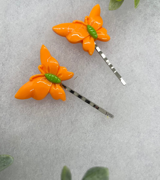 2 pc orange Butterfly hair pins approximately 2.0”silver tone formal hair accessory gift wedding bridal Hair accessory #011