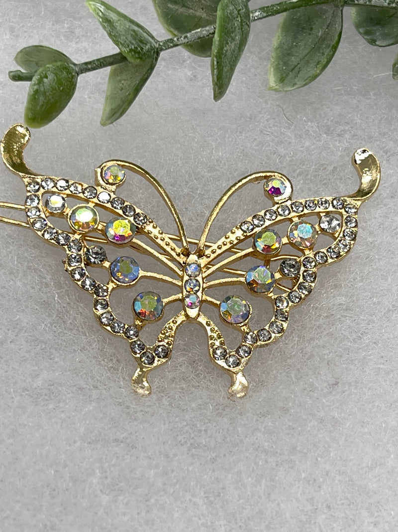 Iridescent gold butterfly Crystal Rhinestone Barrette approximately 3.5”Metal gold tone formal hair accessory