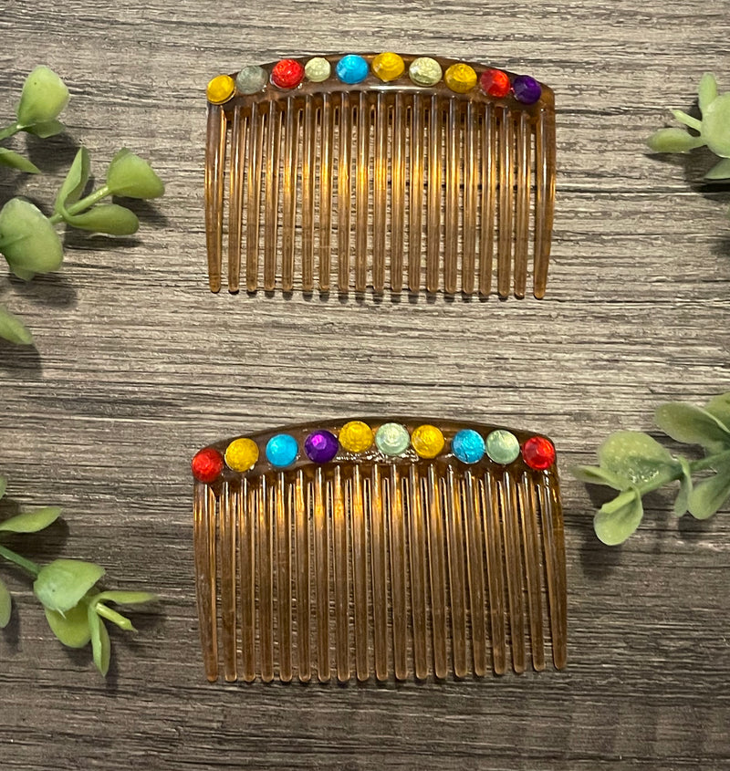 Rainbow crystal faux rhinestone 3.5” brown plastic side comb hair accessory bridal wedding Retro Bridal Party Prom Birthday gifts