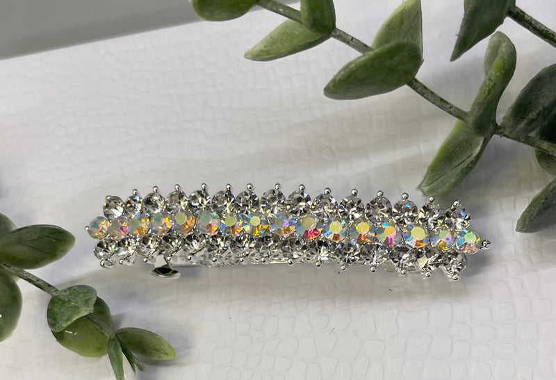 Iridescent Crystal rhinestone barrette approximately 3.0” gold tone formal hair accessories gift wedding bridesmaid princess accessory