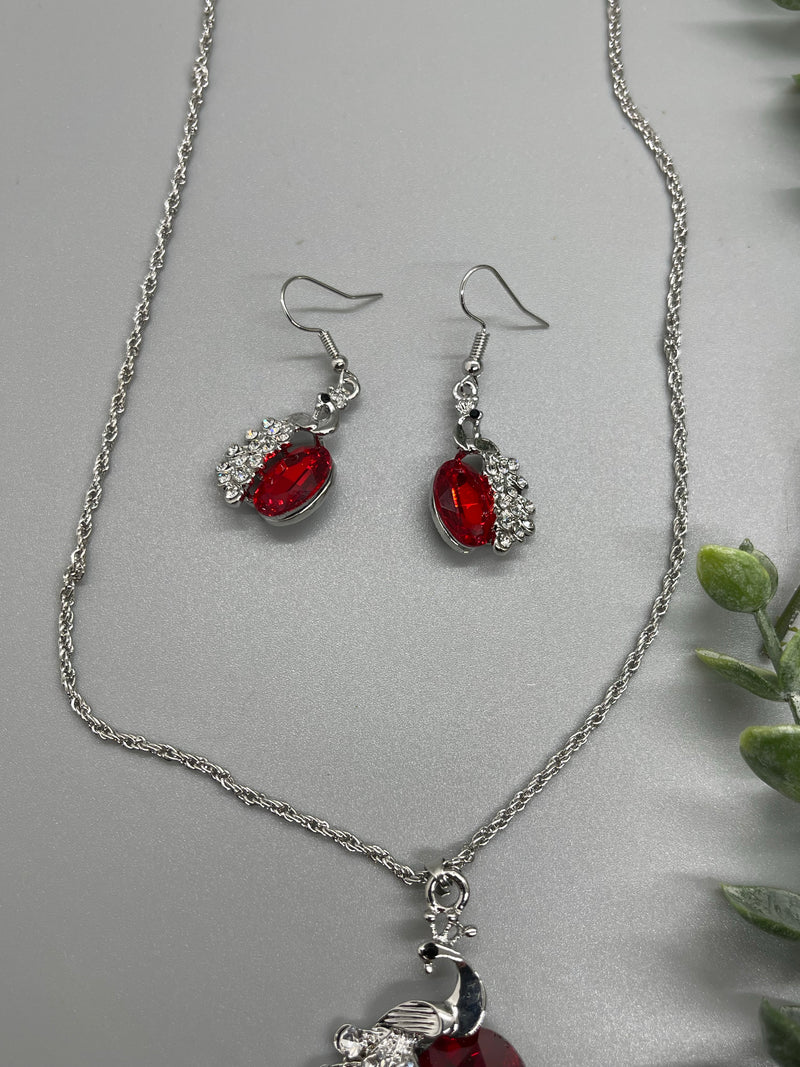 Ruby Red silver rhinestone crystal necklace earrings set engagement formal accessory bride princess jewelry