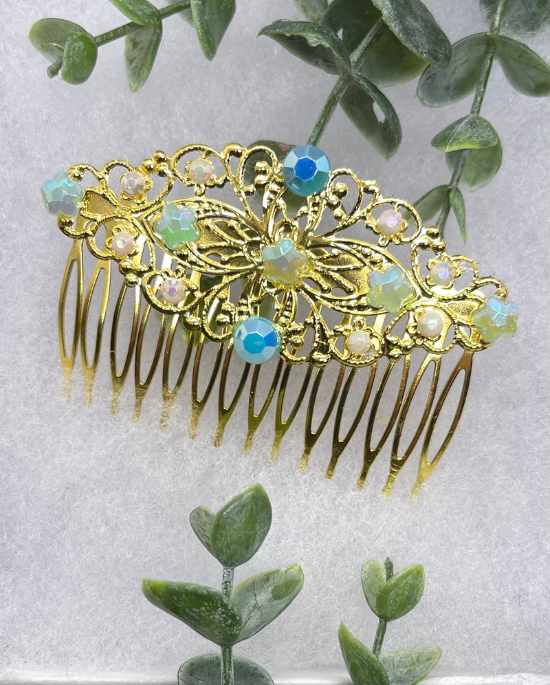 Iridescent blue green Vintage Style Crystal Rhinestone 3.5” antique tone Metal side Comb bridal accessories