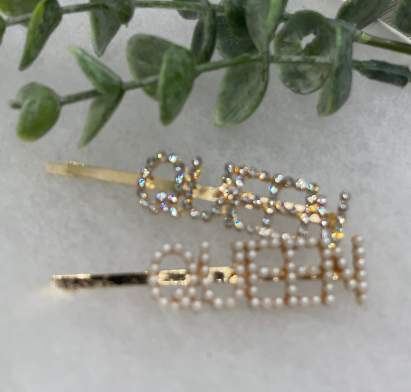 Gold Crystal Pearl Rhinestone 2 pc set hair pins approximately 3.0” QUEEN letter formal princess accessory accessories birthday gift