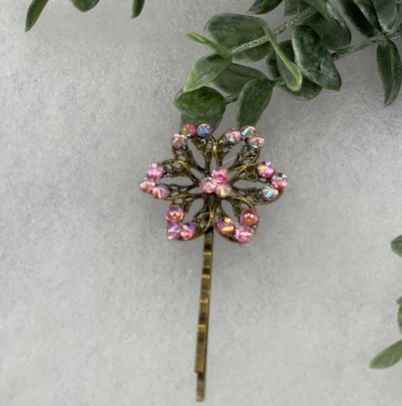 Pink Crystal Antique vintage Style approximately 3.0” flower hair pin wedding engagement bride princess formal hair accessories