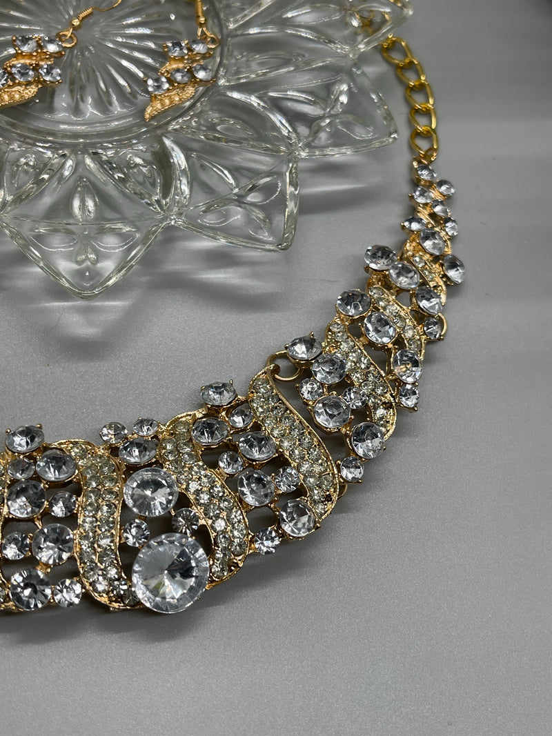 Crystal gold rhinestone necklace earrings set wedding engagement formal accessory