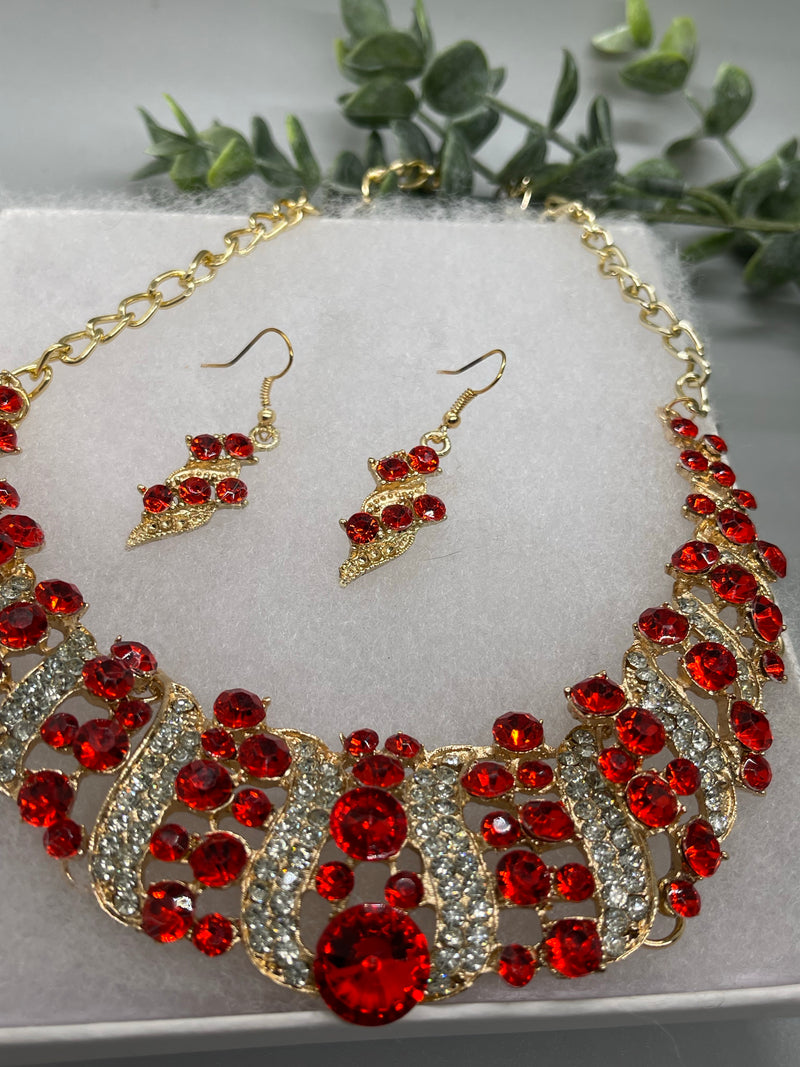 Red Gold Crystal rhinestone necklace earrings set wedding engagement formal accessory