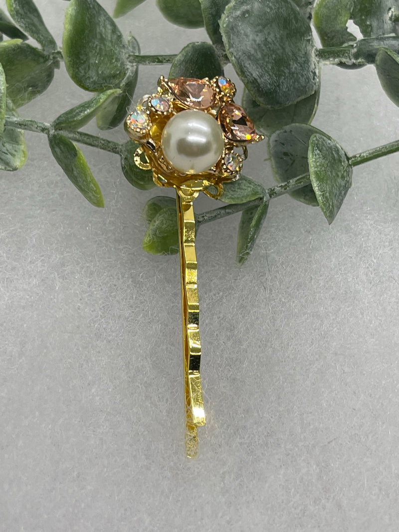 White Pearl pink iridescent  crystal Gold Antique vintage Style approximately 3.0” flower hair pin wedding