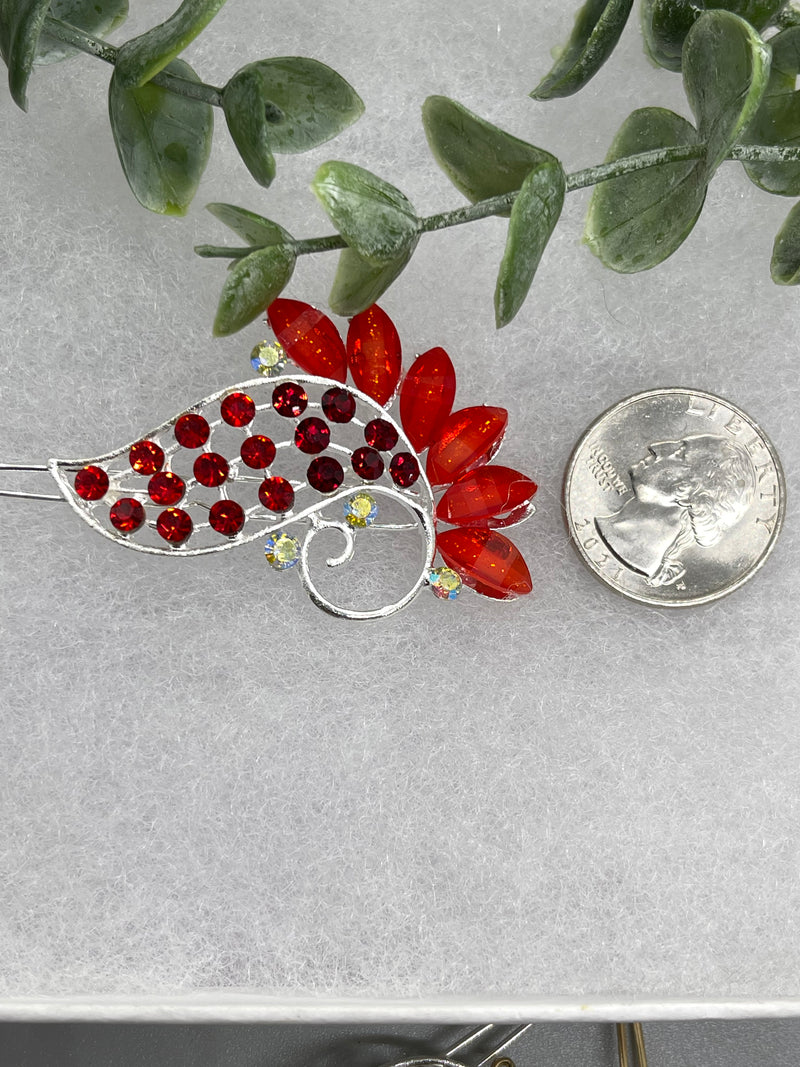 Red Crystal Rhinestone peacock hair clip approximately 3.0”Metal silver  tone formal hair accessory gift wedding bridal engagement