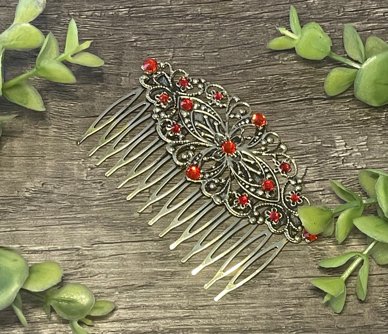 Ruby Red crystal rhinestone Comb on 3.5” antique Metal Hair Comb accessory Handmade Retro Bridal Prom