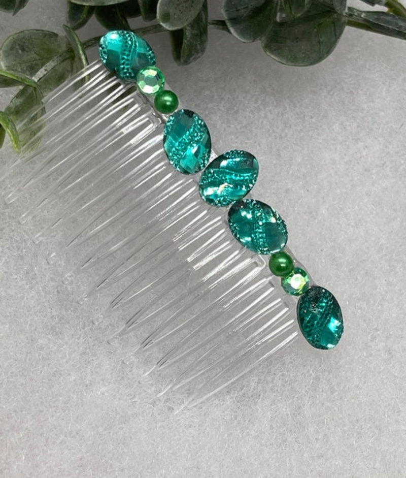 Green faux Rhinestone hair comb accessory side Comb 3.5” clear plastic side Comb