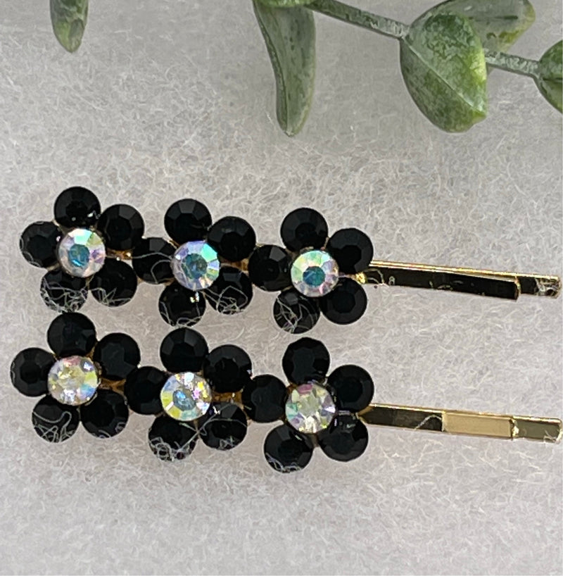 Black crystal rhinestone flowers approximately 2.0” gold tone hair pins 2 pc set wedding bridal