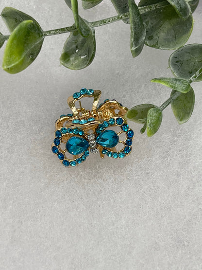 Teal blue crystal rhinestone approximately 1.0” gold tone hair claw wedding bridal shower engagement formal princess accessory accessories